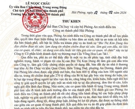 Chủ tịch UBND thành phố Hải Phòng gửi thư khen Phòng An ninh điều tra